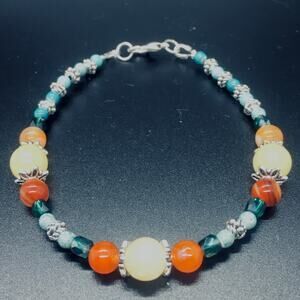 Artisan Made Yellow Jade, Red Agate Gemstone Bracelet 7 3/4'' Boho Cottage Fairy